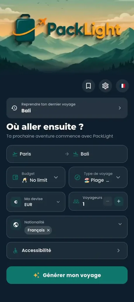Écran de formulaire de voyage PackLight