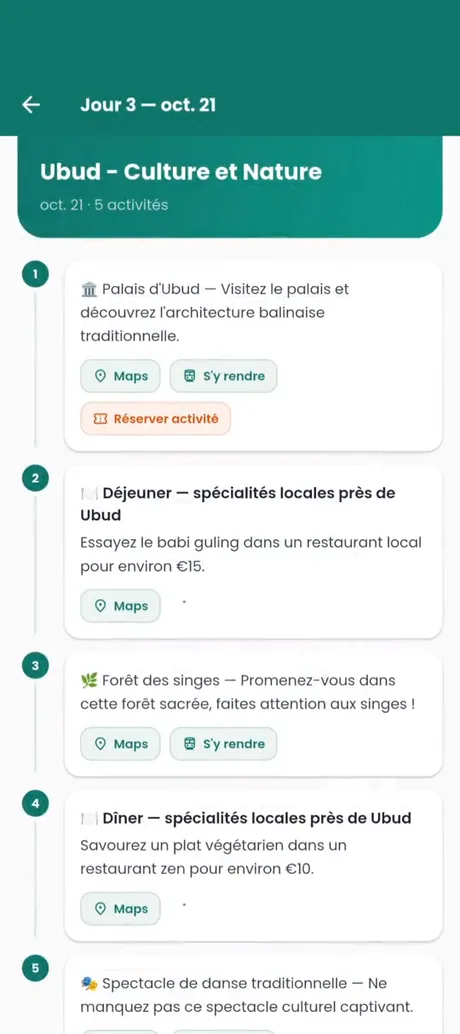 Écran itinéraire jour par jour PackLight